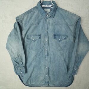 J.Crew Denim Button Up Pearl Snap Shirt‎ Women's Size S Relaxed Fit Long Sleeve